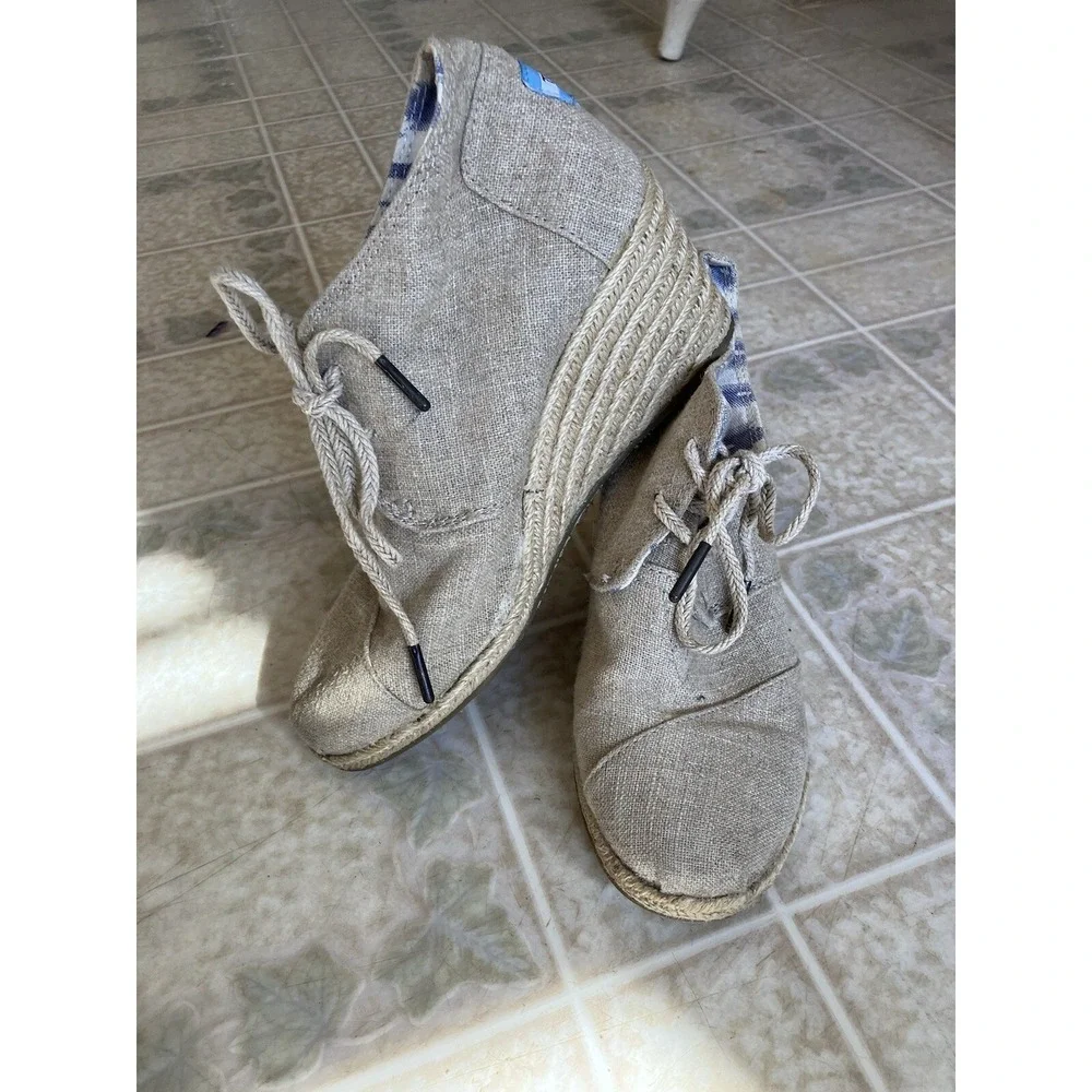 TOMS Tan Linen Fabric Lace-Up Espadrille Wedge Boots, Size 7.5 (US)